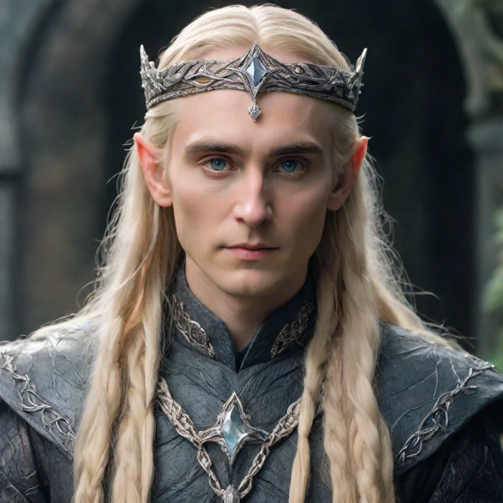 tolkien king thranduil with blond hair and braids wearing silver twisted serpentine elvish circlet encrusted with diamonds with large center diamond