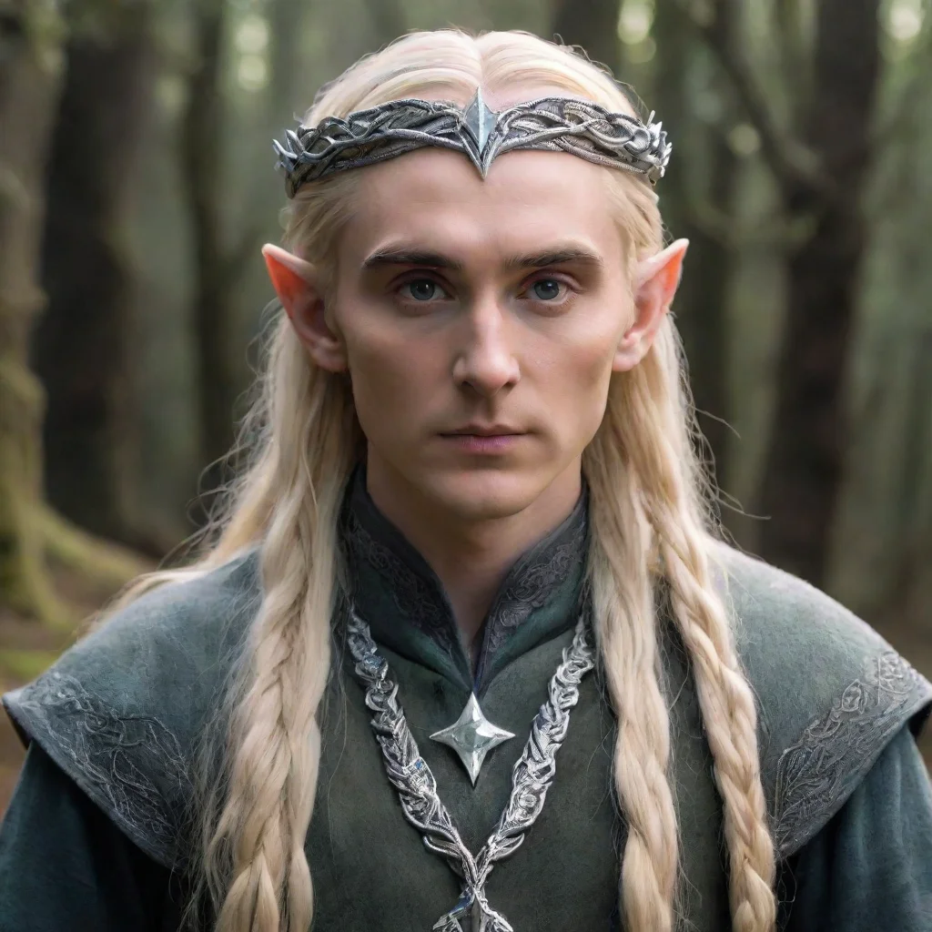 aitolkien king thranduil with blond hair and braids wearing silver twisted serpentine elvish circlet with large center diamond
