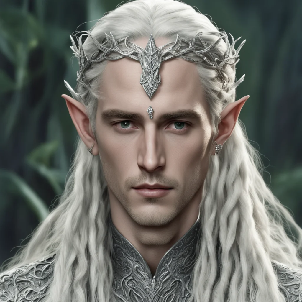 aitolkien king thranduil with blond hair and braids wearing silver vine encrusted with diamonds to form a silver serpentine elvish circlet with center diamond good looking trending fantastic 1