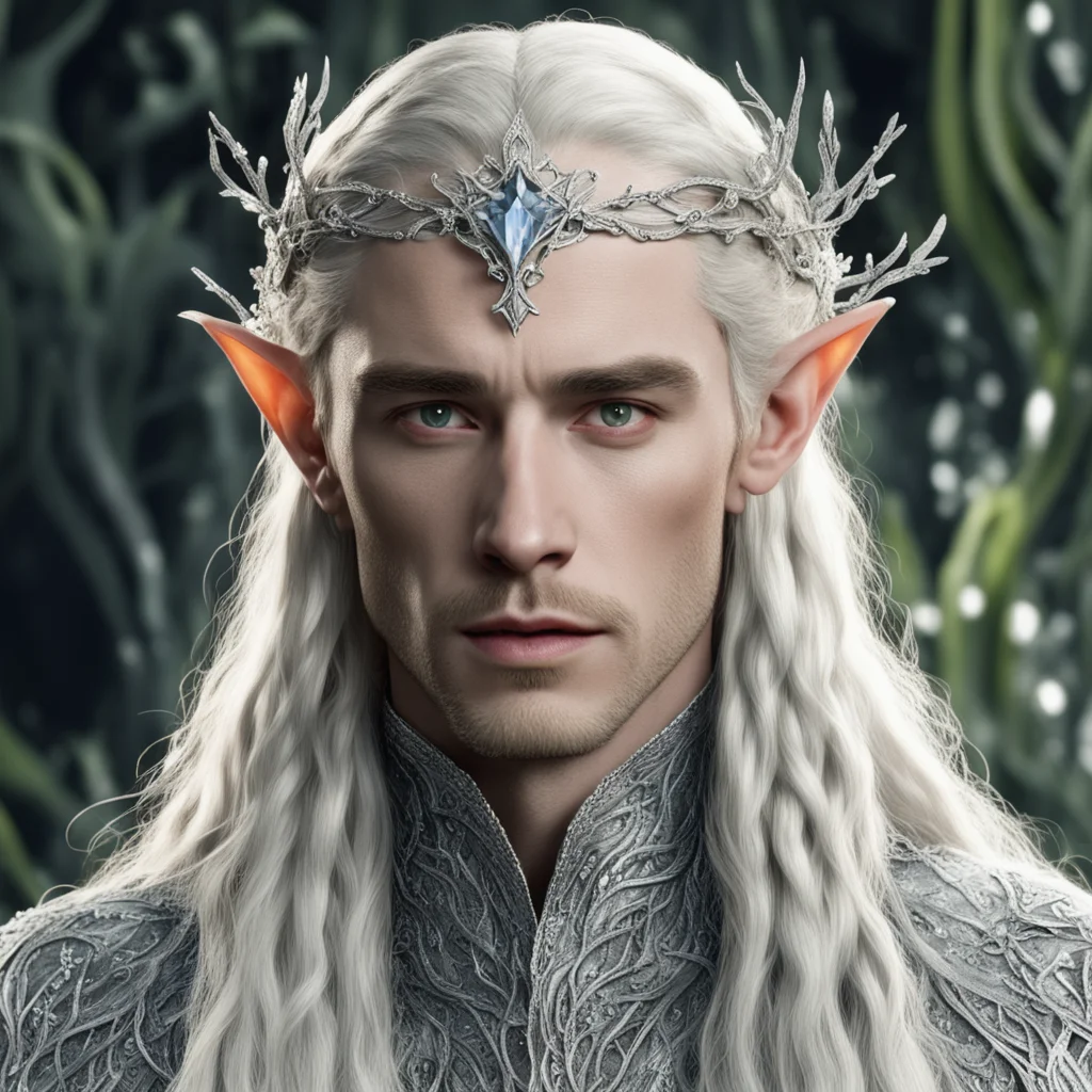 aitolkien king thranduil with blond hair and braids wearing silver vines encrusted with diamonds and clusters of diamonds forming a silver serpentine elvish circlet with large center diamond