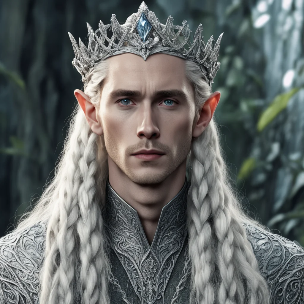 tolkien king thranduil with blond hair and braids wearing silver vines encrusted with diamonds and clusters of diamonds forming a silver serpentine elvish coronet with large center diamond confident