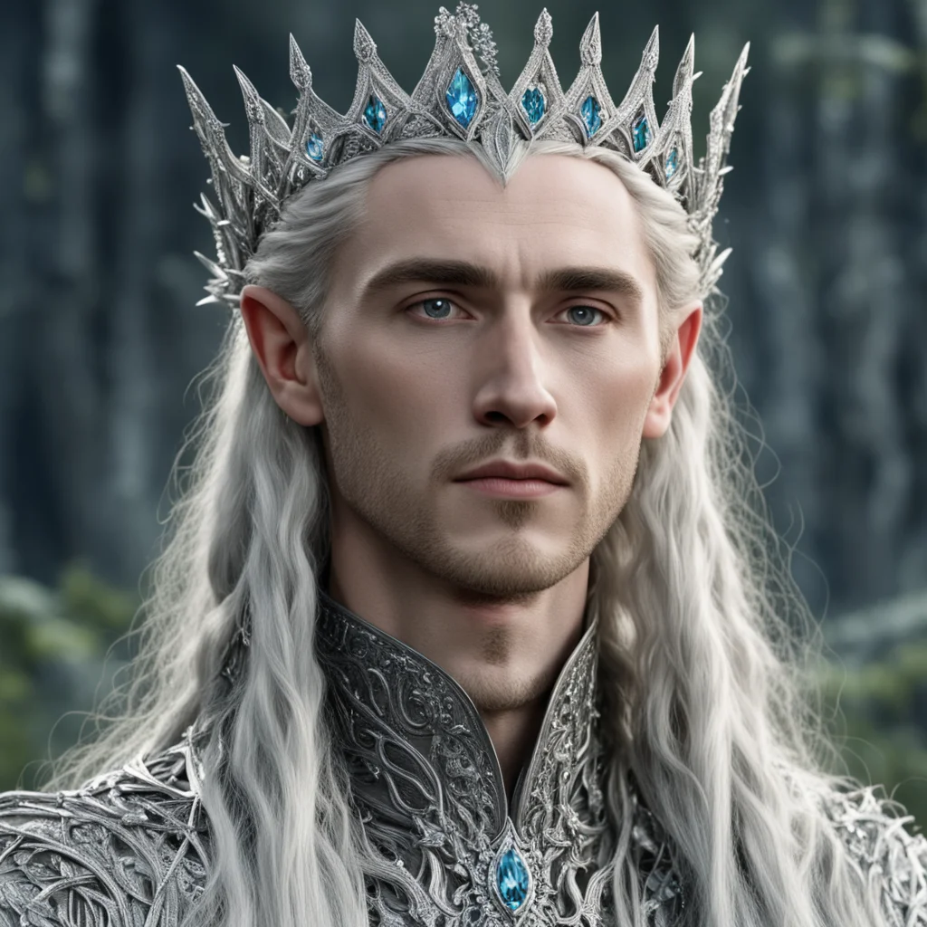 aitolkien king thranduil with blond hair and braids wearing silver vines encrusted with diamonds and clusters of diamonds forming a silver serpentine elvish coronet with large center diamond