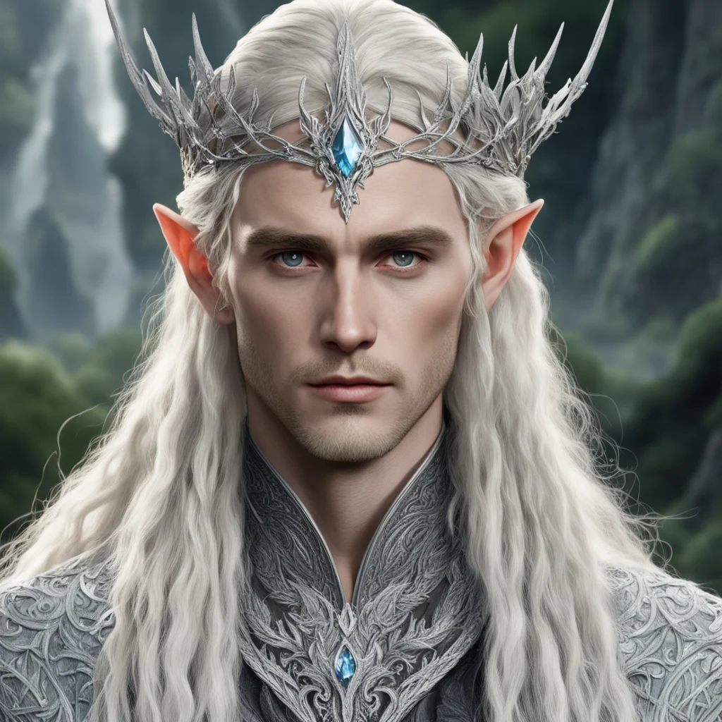 tolkien king thranduil with blond hair and braids wearing silver vines encrusted with diamonds forming a silver elvish circlet with large center diamond  confident engaging wow artstation art 3