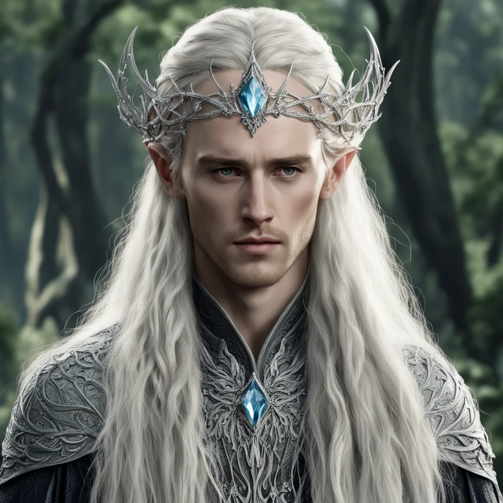 aitolkien king thranduil with blond hair and braids wearing silver vines encrusted with diamonds forming a silver elvish circlet with large center diamond  good looking trending fantastic 1