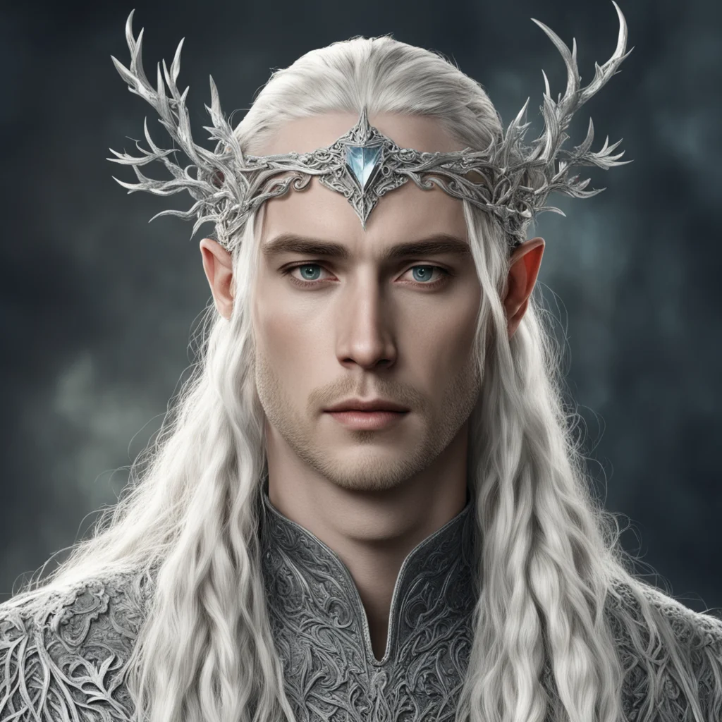 tolkien king thranduil with blond hair and braids wearing silver vines encrusted with diamonds forming a silver elvish circlet with large center diamond 