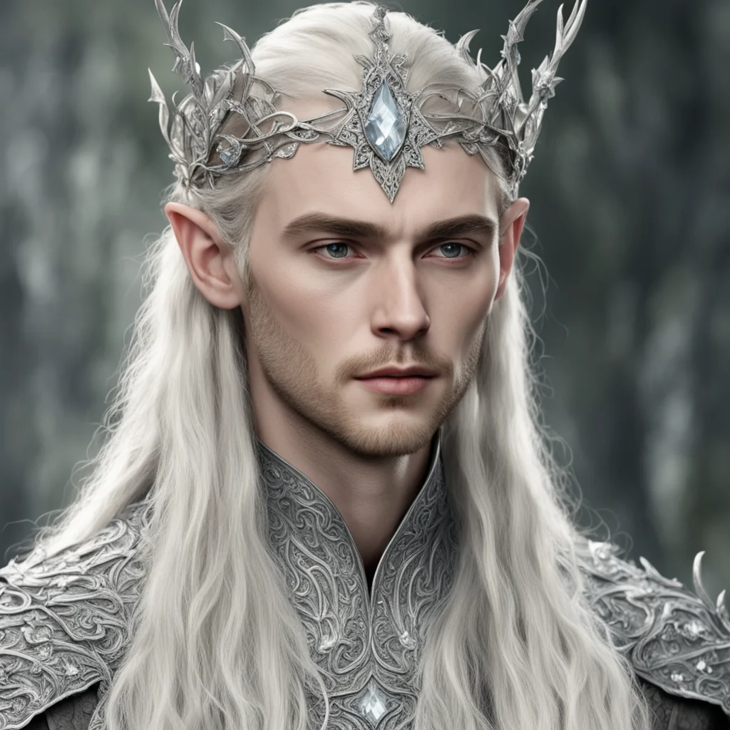 tolkien king thranduil with blond hair and braids wearing silver vines encrusted with diamonds with silver flowers encrusted with diamonds forming a fancy silver elvish circlet with large center dia