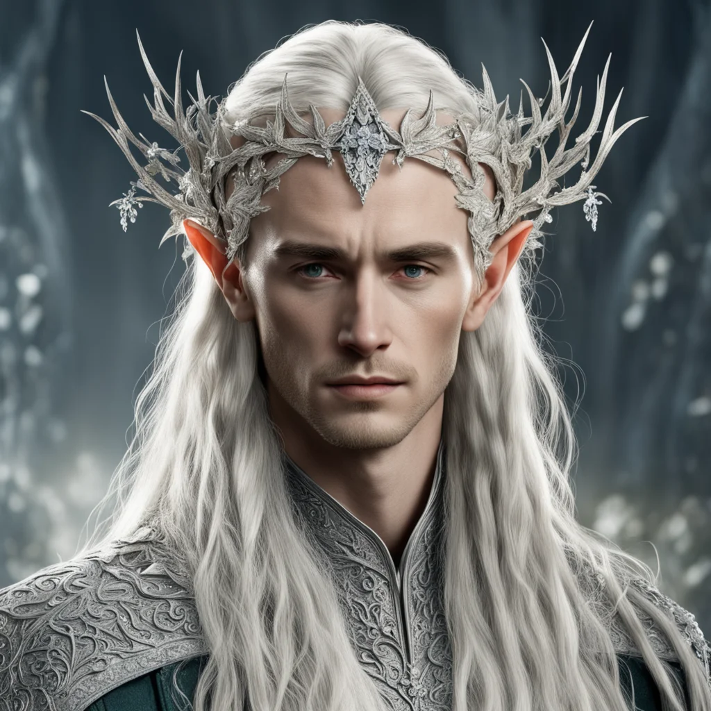 tolkien king thranduil with blond hair and braids wearing silver vines encrusted with diamonds with silver flowers encrusted with diamonds forming a silver elvish circlet with large center diamond.w