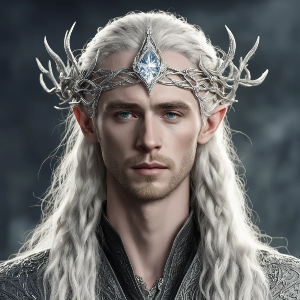 tolkien king thranduil with blond hair and braids wearing silver vines intertwined into silver serpentine elvish circlet encrusted with diamonds with large center diamond