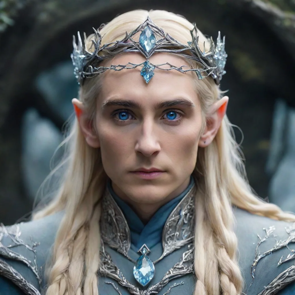 aitolkien king thranduil with blond hair and braids wearing silver vines intertwined to form a silver elvish circlet encrusted with diamonds with large light blue diamond in the center