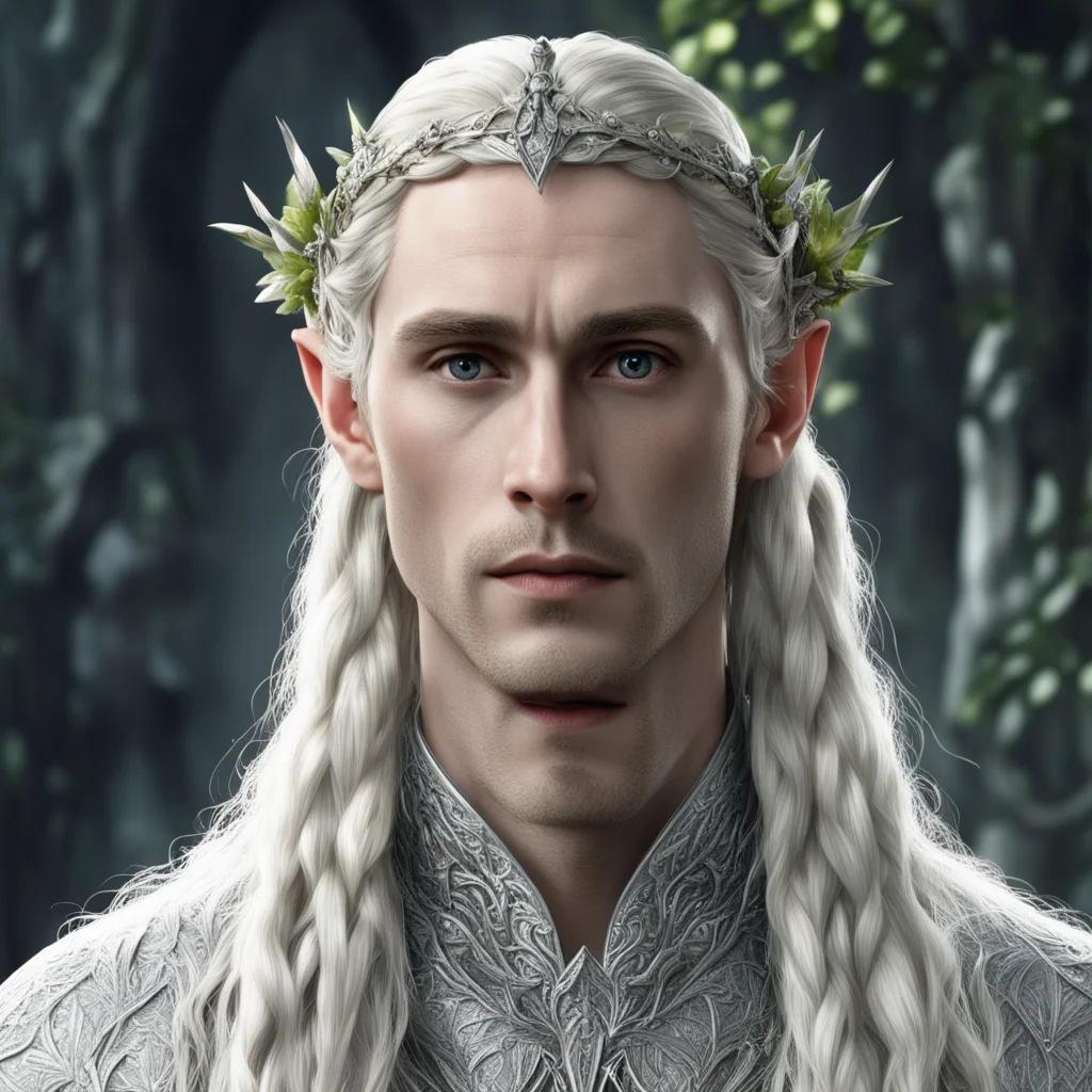 aitolkien king thranduil with blond hair and braids wearing silver vines with berries of diamonds in the form of silver elvish circlet with large center diamond amazing awesome portrait 2