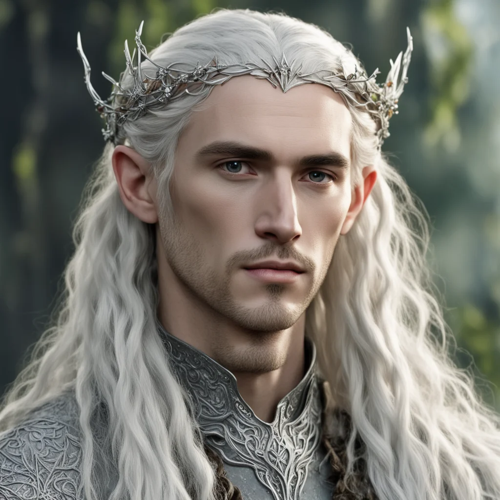 aitolkien king thranduil with blond hair and braids wearing silver vines with berries of diamonds in the form of silver elvish circlet with large center diamond good looking trending fantastic 1