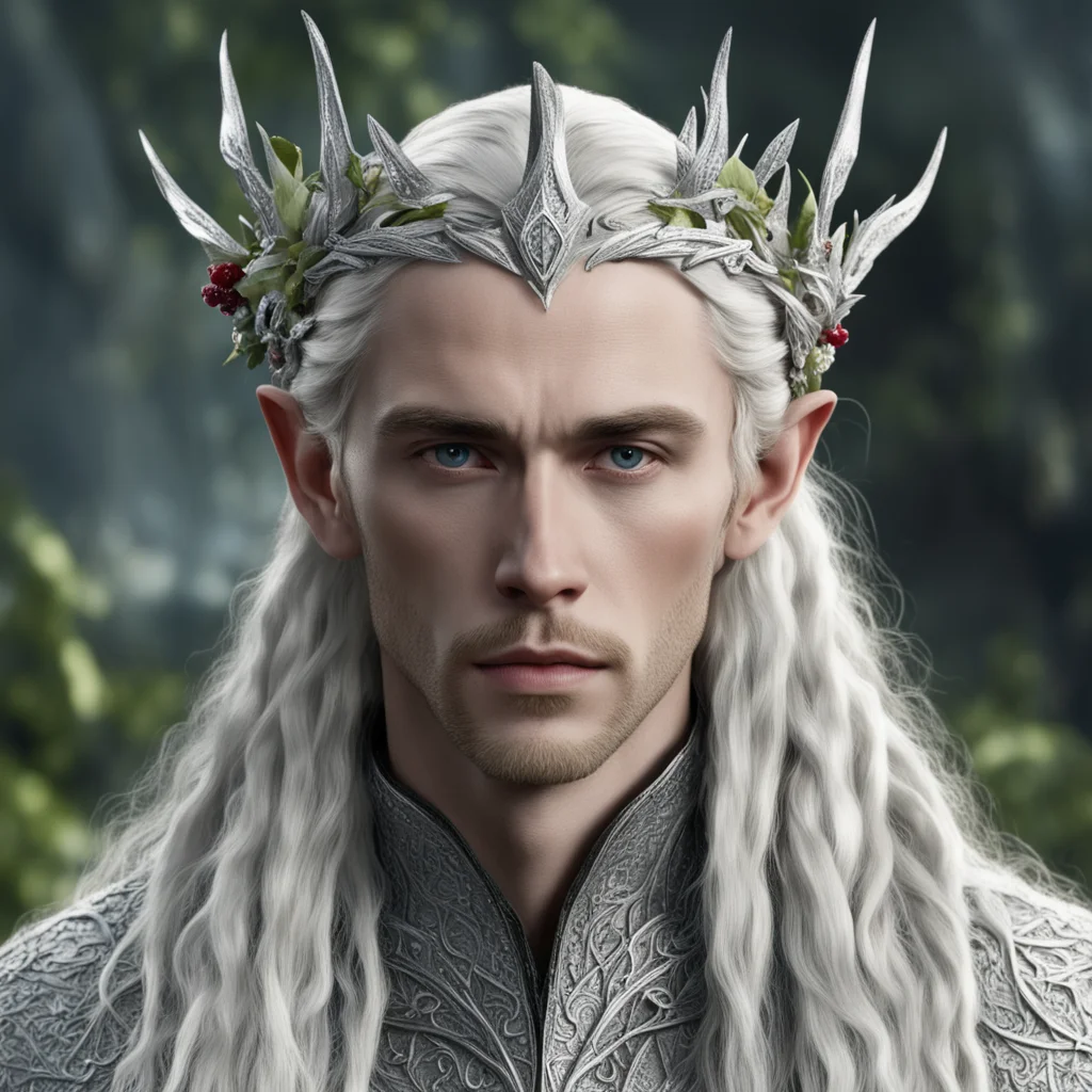 aitolkien king thranduil with blond hair and braids wearing silver vines with berries of diamonds in the form of silver elvish circlet with large center diamond