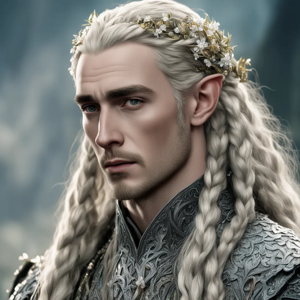 aitolkien king thranduil with blond hair and braids wearing small flowers of silver heavily encrusted with diamonds in hair amazing awesome portrait 2