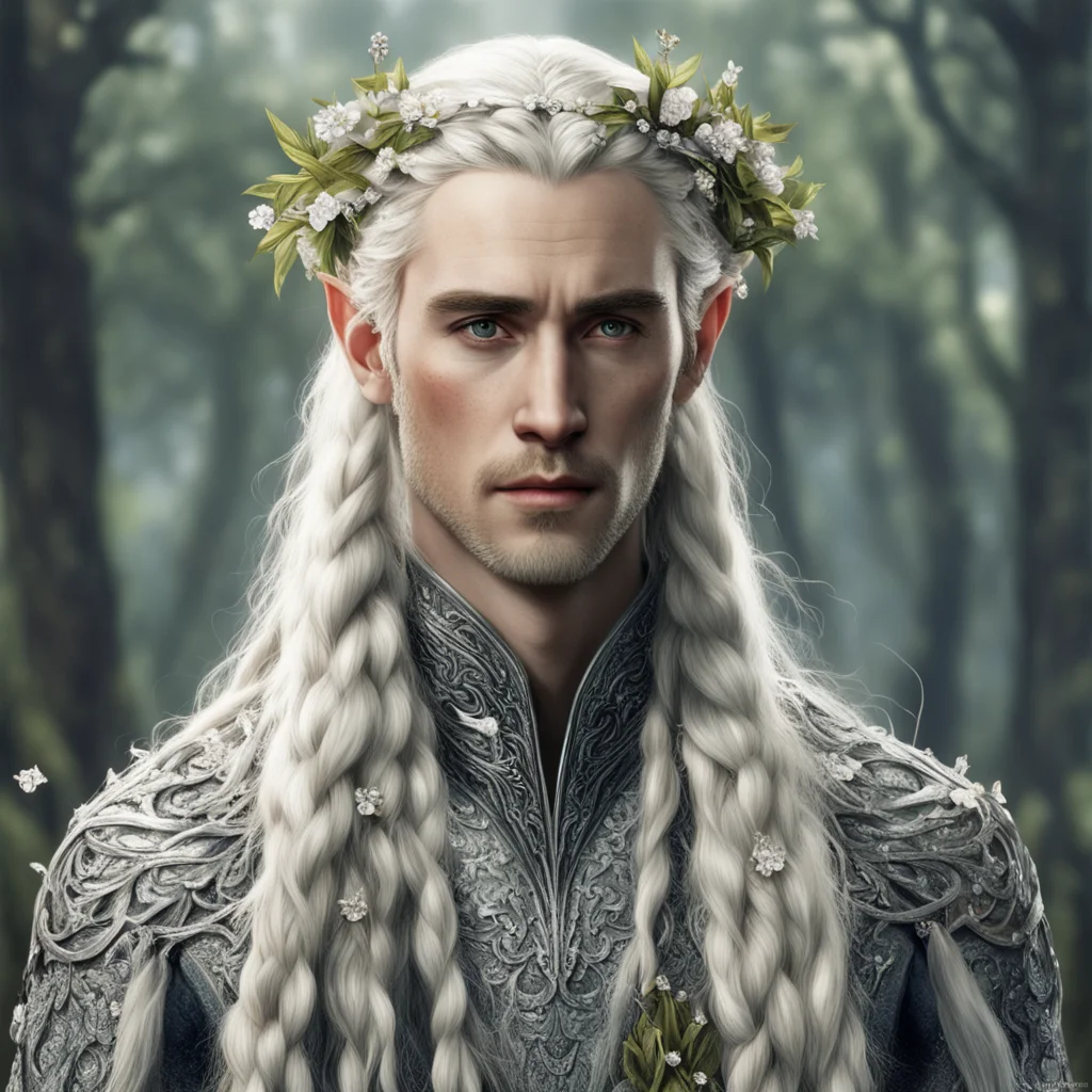 tolkien king thranduil with blond hair and braids wearing small flowers of silver heavily encrusted with diamonds in hair good looking trending fantastic 1