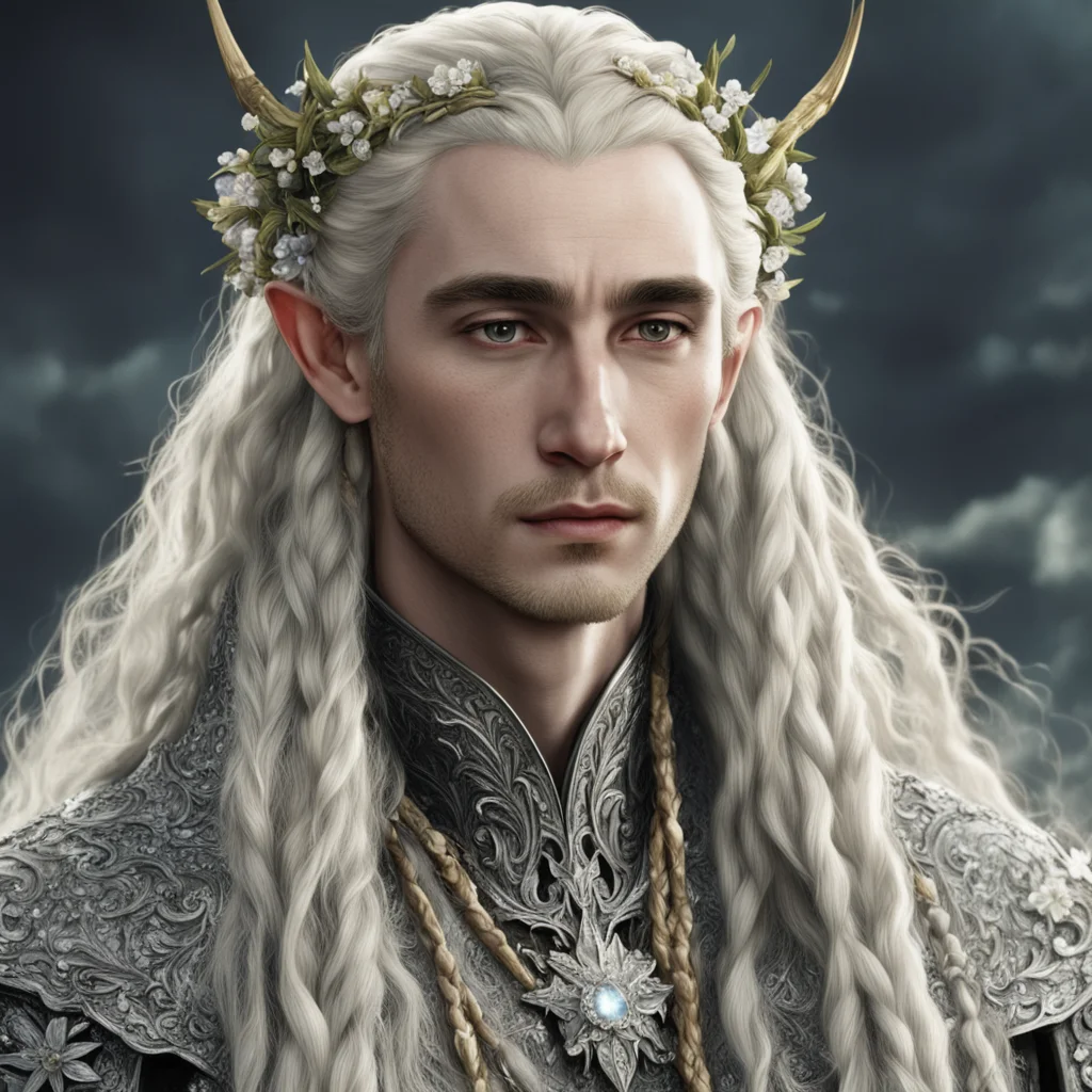 aitolkien king thranduil with blond hair and braids wearing small flowers of silver heavily encrusted with diamonds in hair