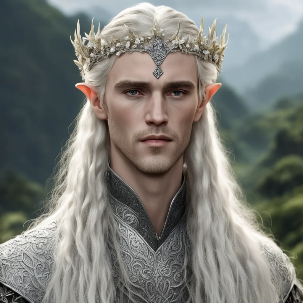 aitolkien king thranduil with blond hair and braids wearing small silver flowers elvish circlet with large center diamond amazing awesome portrait 2
