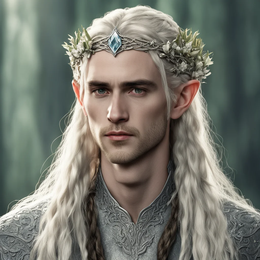 aitolkien king thranduil with blond hair and braids wearing small silver flowers elvish circlet with large center diamond confident engaging wow artstation art 3