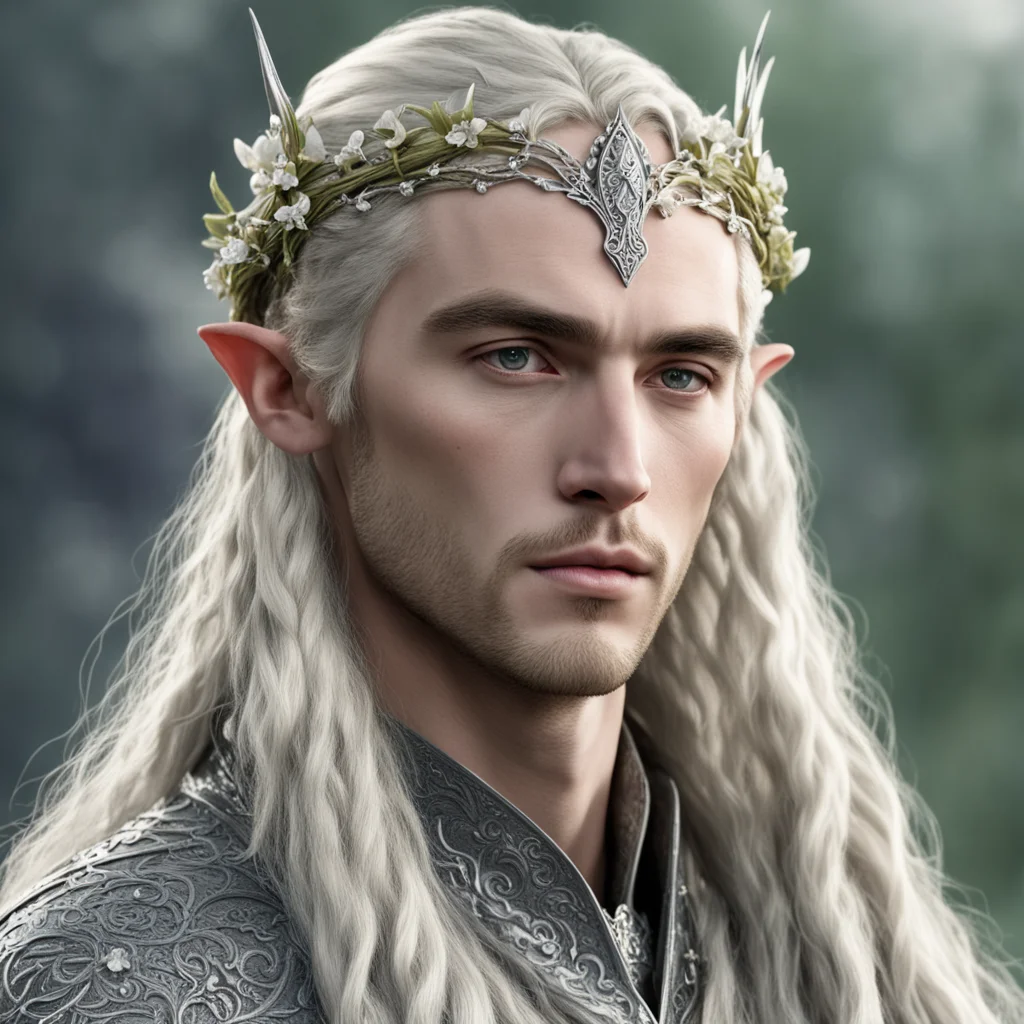 aitolkien king thranduil with blond hair and braids wearing small silver flowers elvish circlet with large center diamond good looking trending fantastic 1