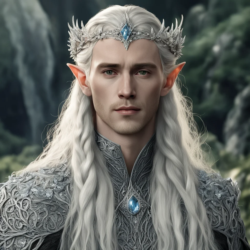 tolkien king thranduil with blond hair and braids wearing small silver flowers encrusted with diamonds forming a silver serpentine elvish circlet with large center diamond confident engaging wow art