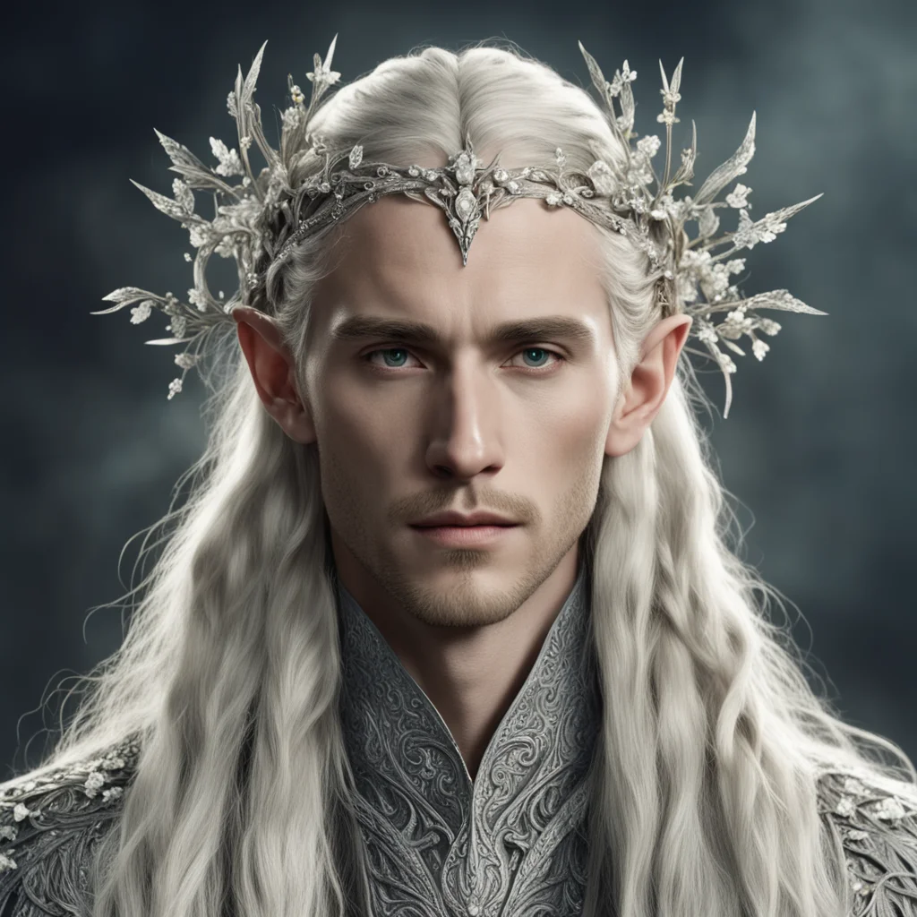 tolkien king thranduil with blond hair and braids wearing small silver flowers encrusted with diamonds forming a silver serpentine elvish circlet with large center diamond good looking trending fant