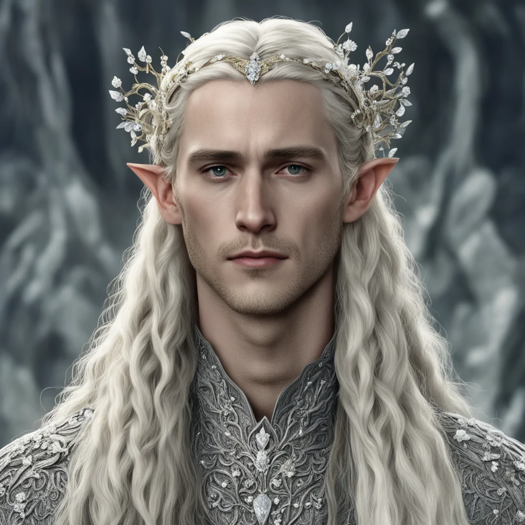tolkien king thranduil with blond hair and braids wearing small silver flowers encrusted with diamonds forming a silver serpentine elvish circlet with large center diamond