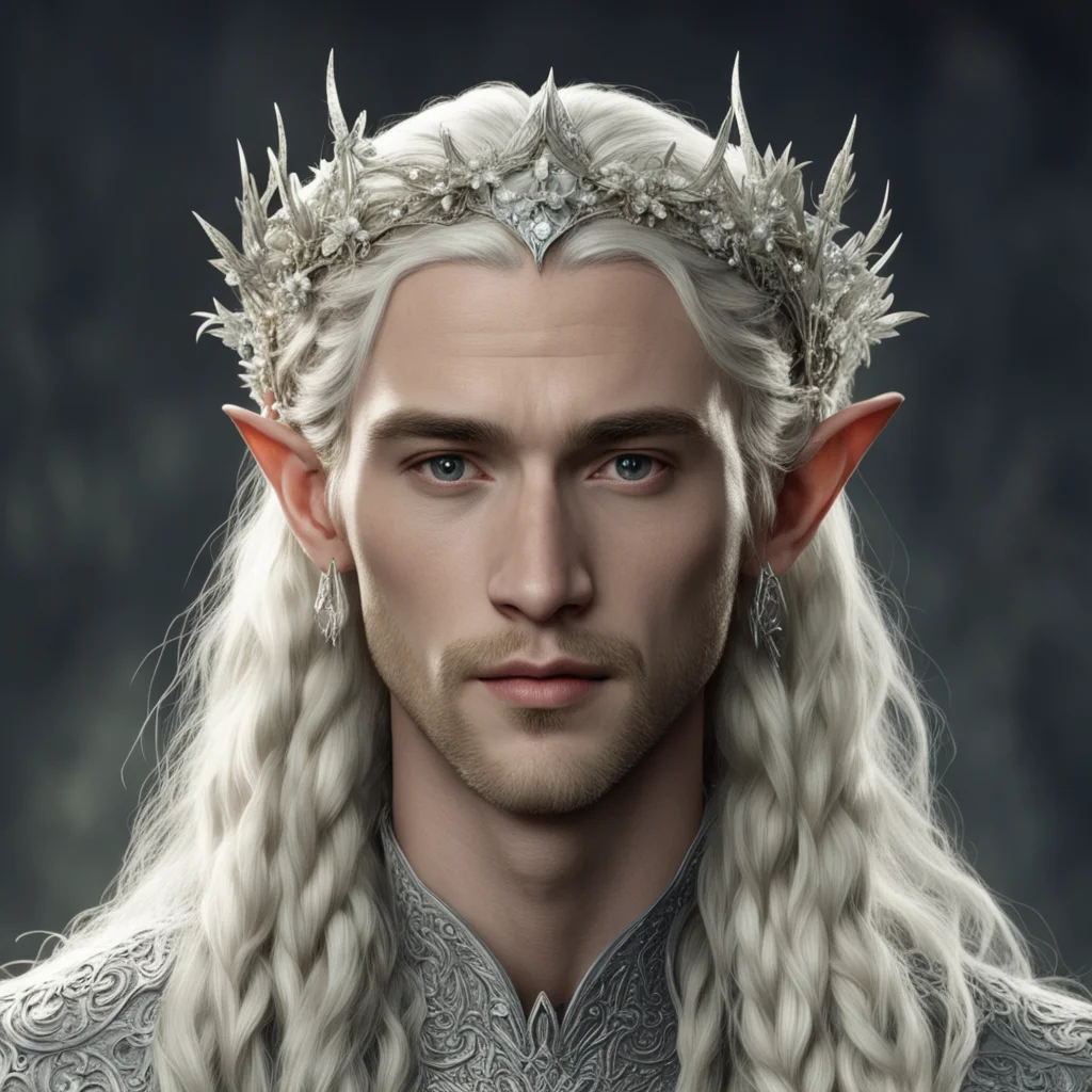 tolkien king thranduil with blond hair and braids wearing small silver flowers encrusted with diamonds intertwined to form a silver sindarin elvish circlet with large center diamond confident engagi