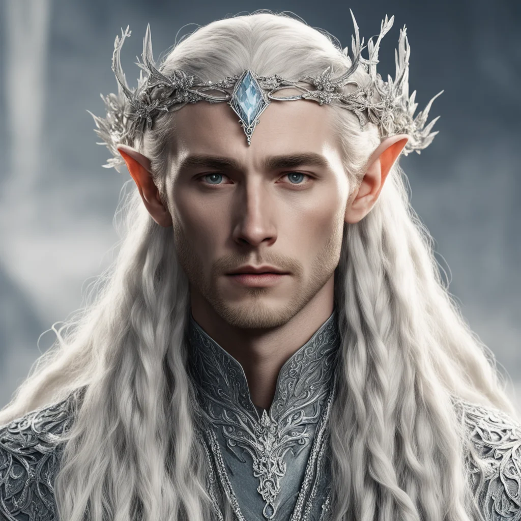 tolkien king thranduil with blond hair and braids wearing small silver flowers encrusted with diamonds intertwined to form a silver sindarin elvish circlet with large center diamond