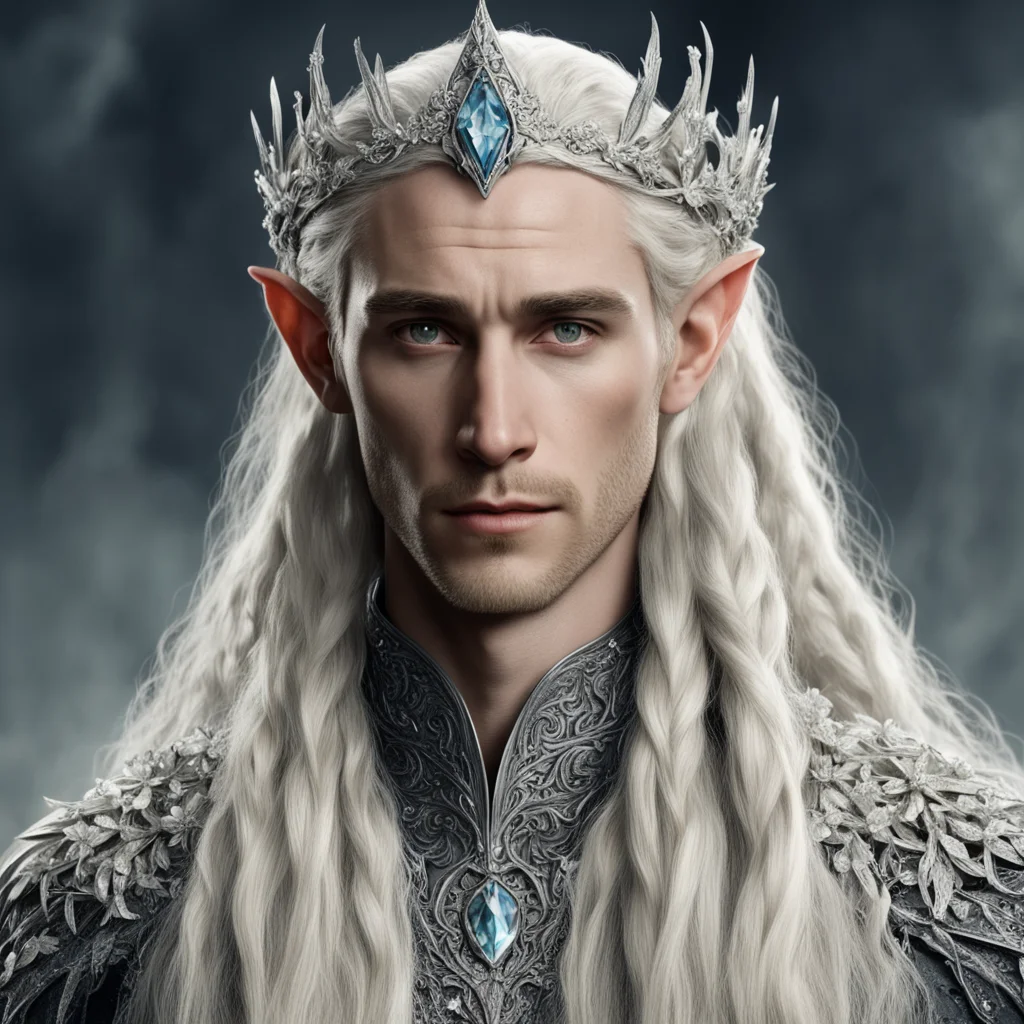 tolkien king thranduil with blond hair and braids wearing small silver flowers encrusted with diamonds to form a silver elvish circlet with large center diamond amazing awesome portrait 2
