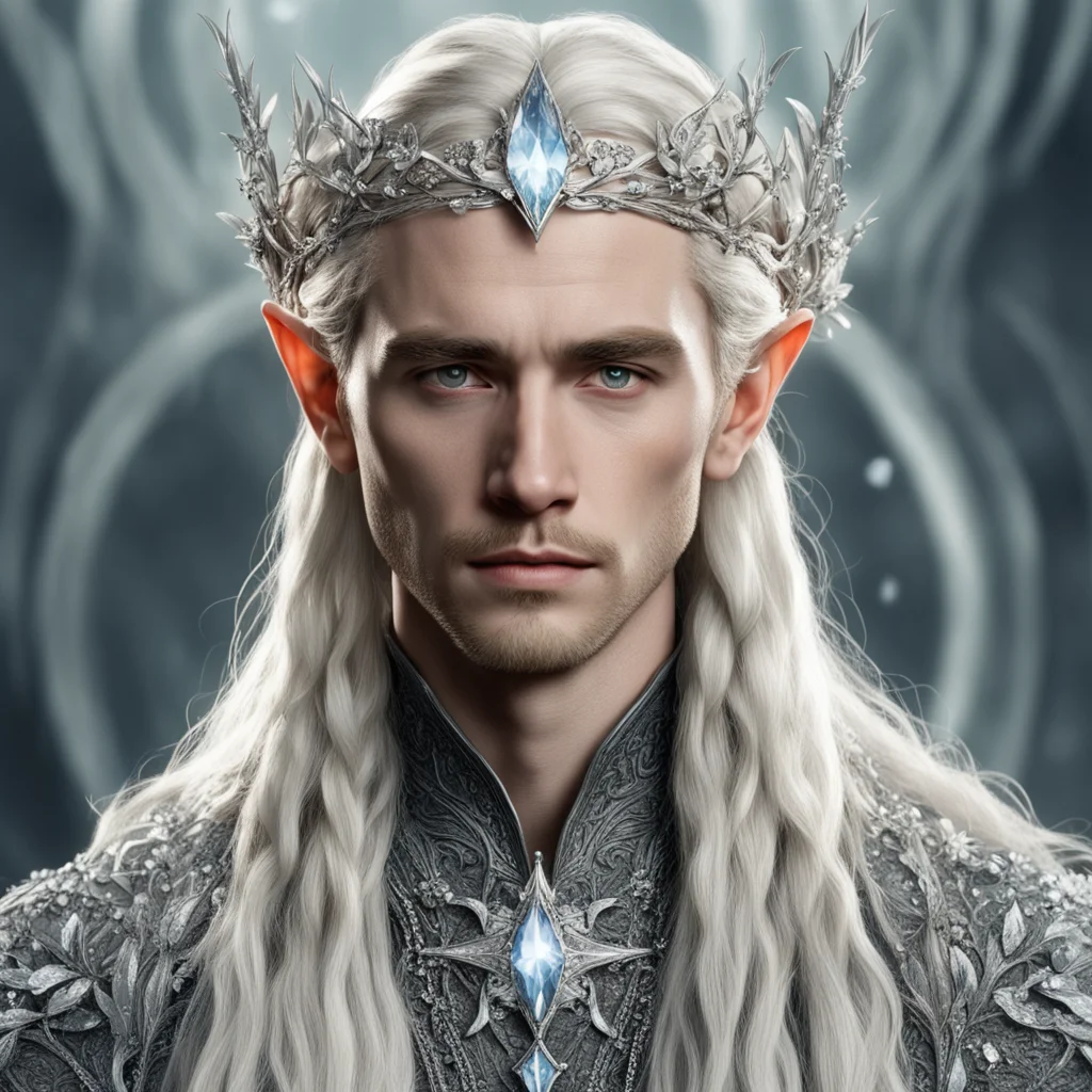 tolkien king thranduil with blond hair and braids wearing small silver flowers encrusted with diamonds to form a silver elvish circlet with large center diamond confident engaging wow artstation art