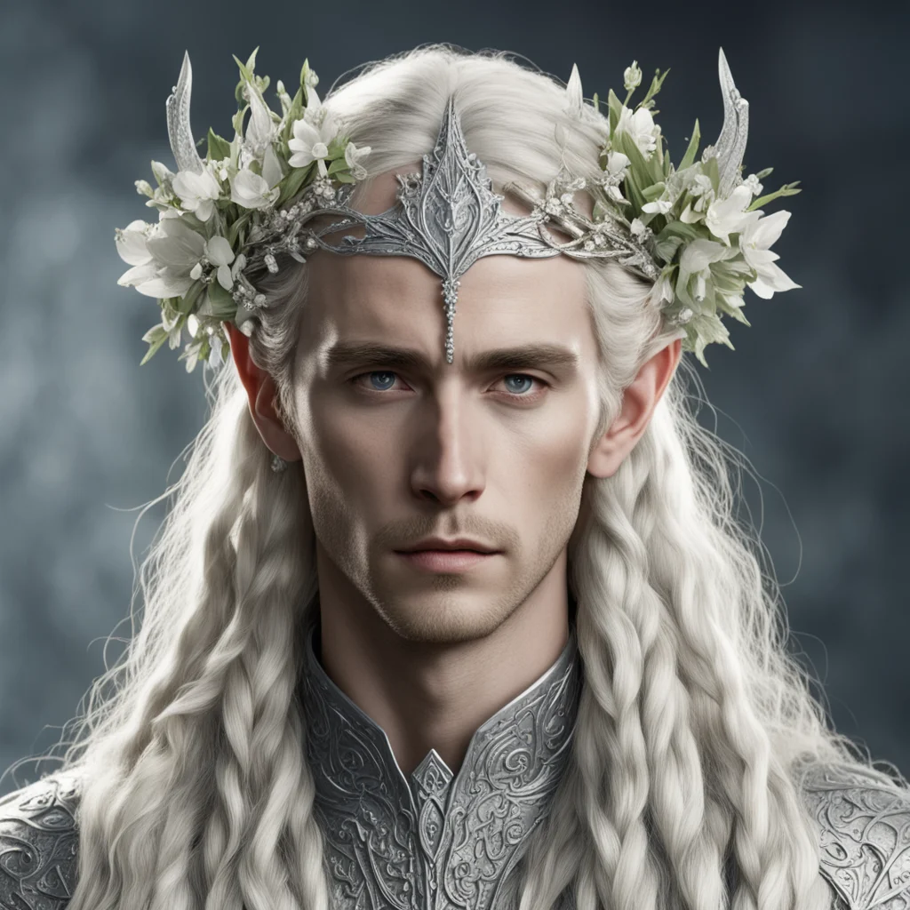 aitolkien king thranduil with blond hair and braids wearing small silver flowers encrusted with diamonds to form a silver elvish circlet with large center diamond