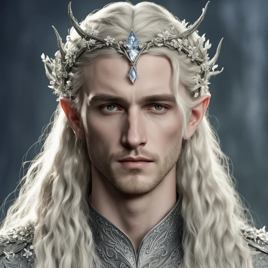 tolkien king thranduil with blond hair and braids wearing small silver flowers encrusted with diamonds to form a small silver elvish circlet with large center diamond amazing awesome portrait 2