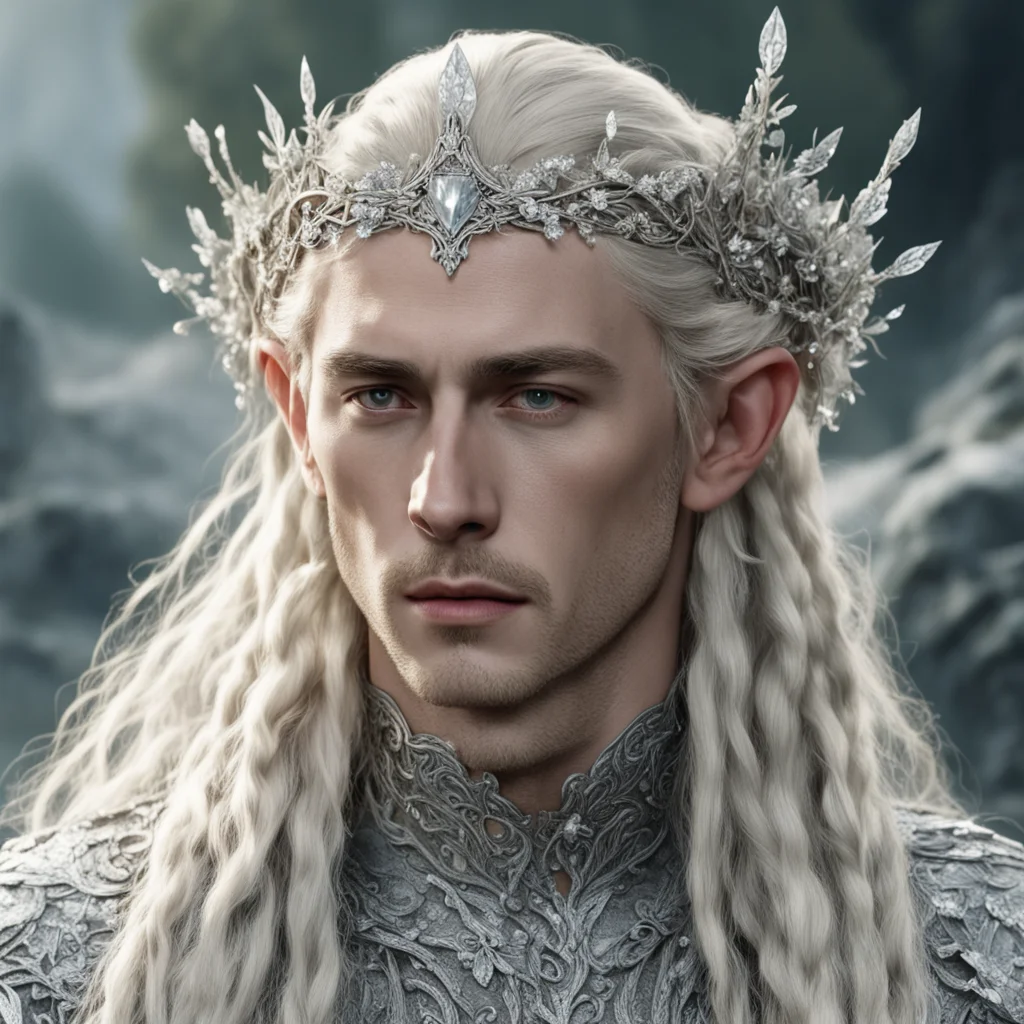tolkien king thranduil with blond hair and braids wearing small silver flowers encrusted with diamonds to form a small silver elvish circlet with large center diamond good looking trending fantastic