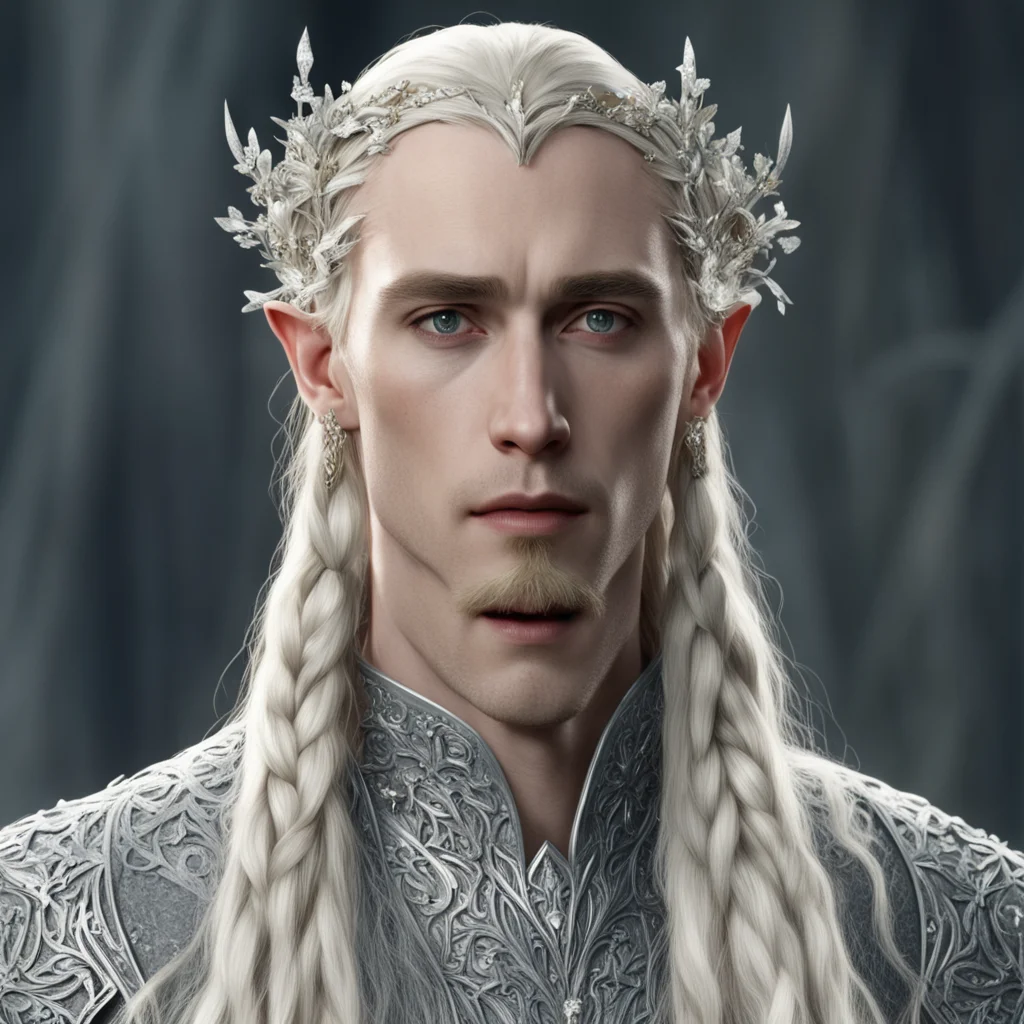 tolkien king thranduil with blond hair and braids wearing small silver flowers encrusted with diamonds to form small silver elvish circlet with large center diamond  confident engaging wow artstatio