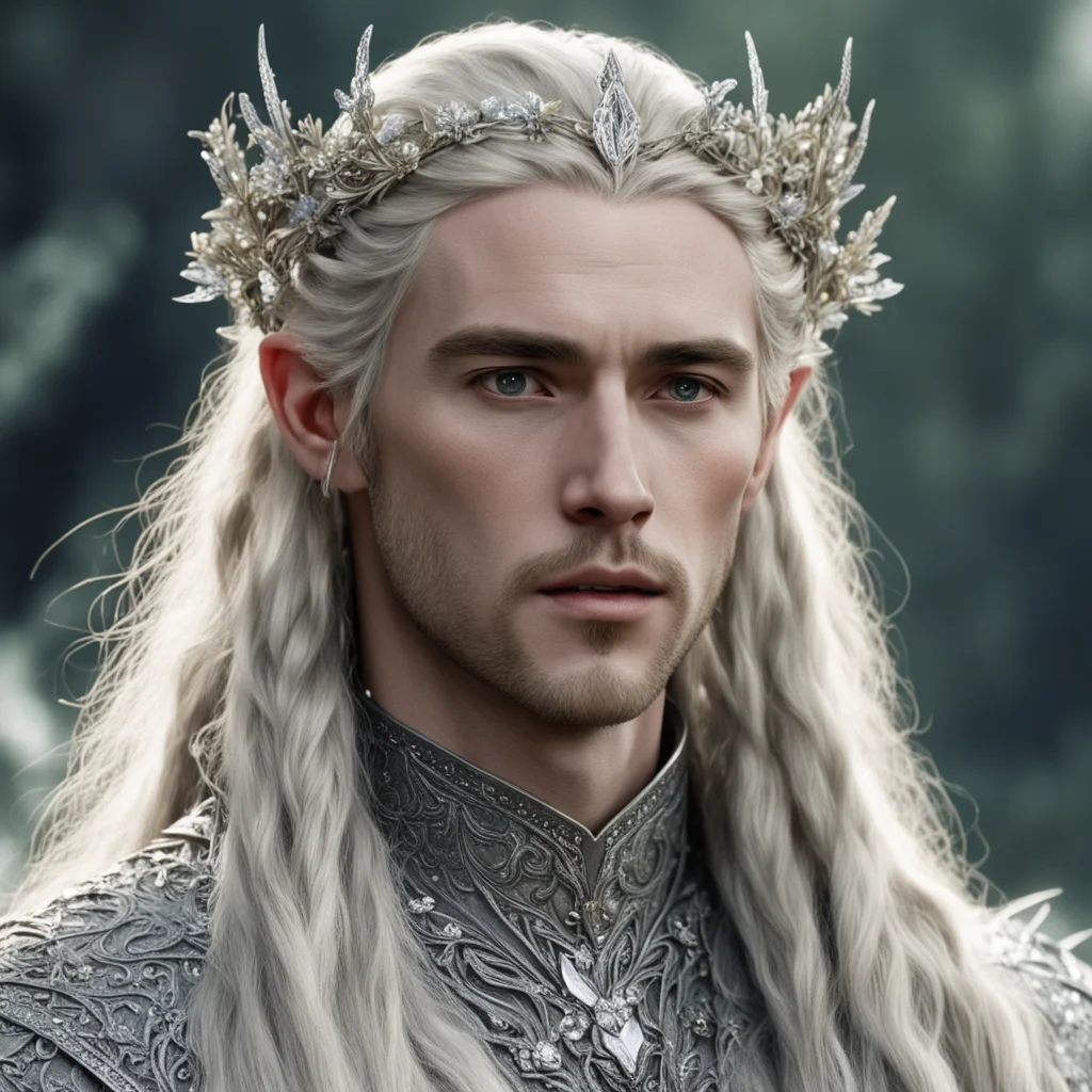 aitolkien king thranduil with blond hair and braids wearing small silver flowers encrusted with diamonds to form small silver elvish circlet with large center diamond amazing awesome portrait 2