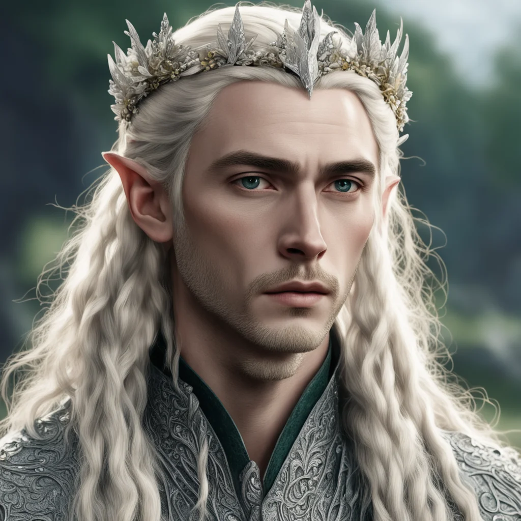aitolkien king thranduil with blond hair and braids wearing small silver flowers in hair encrusted with many diamonds good looking trending fantastic 1