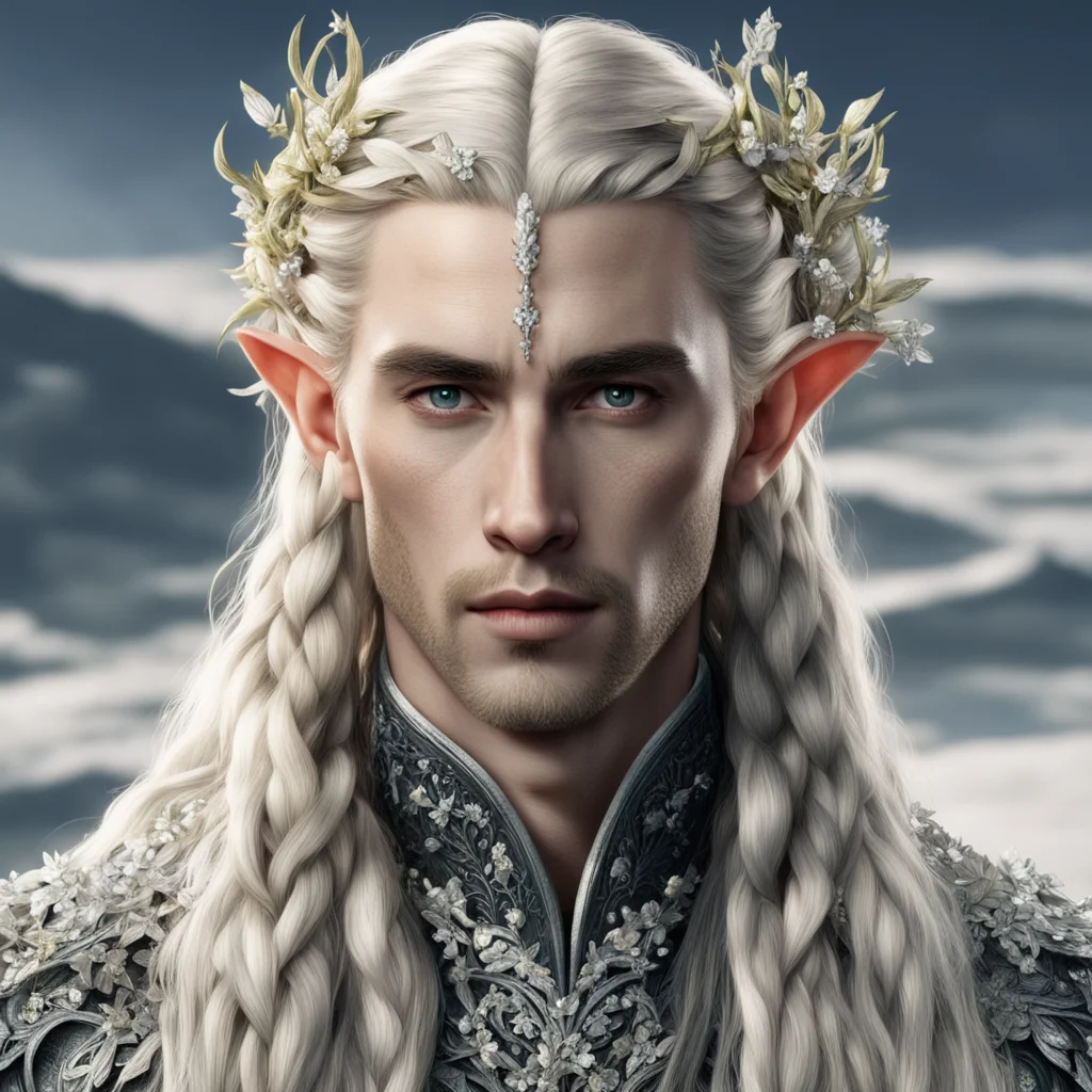 aitolkien king thranduil with blond hair and braids wearing small silver flowers in hair encrusted with many diamonds