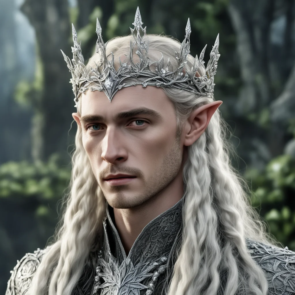 tolkien king thranduil with blond hair and braids wearing small silver ivy leaves encrusted with diamonds to form a small silver elvish coronet with large center diamond confident engaging wow artst