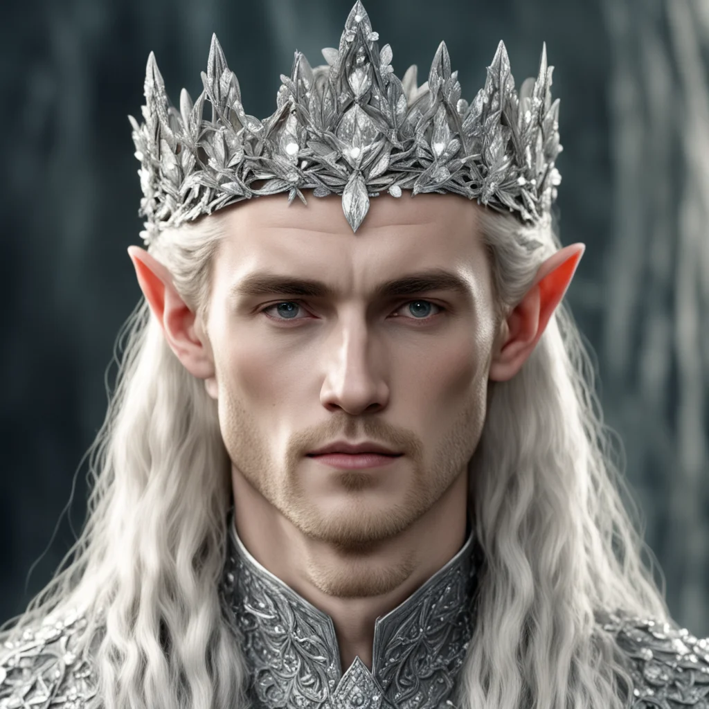 tolkien king thranduil with blond hair and braids wearing small silver leaves encrusted with diamonds and small silver flowers encrusted with diamonds to form a silver elvish crown with large diamon