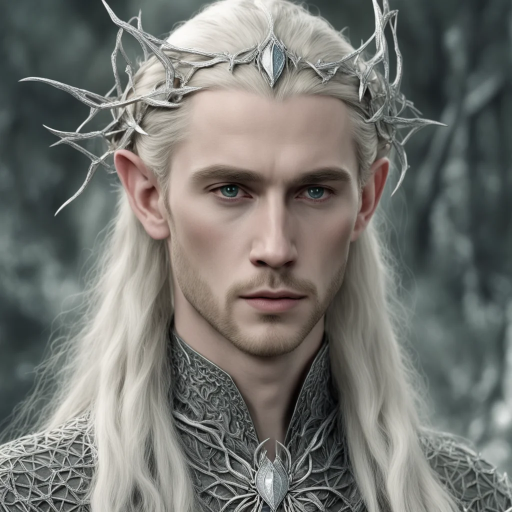 tolkien king thranduil with blond hair and braids wearing small silver leaves encrusted with diamonds intertwined to form a silver serpentine elvish circlet with large center diamond wearing a silve