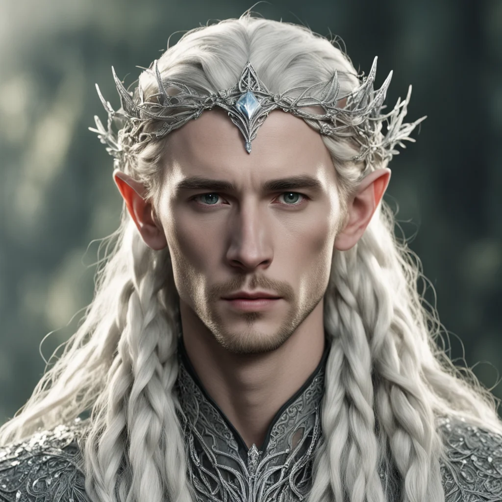 tolkien king thranduil with blond hair and braids wearing small silver leaves encrusted with diamonds intertwined to form a silver serpentine nandorin elvish circlet with large center diamond amazin