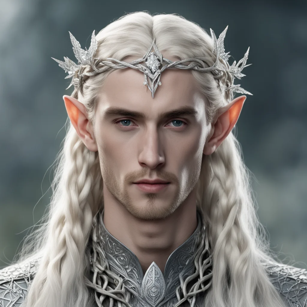 tolkien king thranduil with blond hair and braids wearing small silver leaves encrusted with diamonds intertwined to form a silver serpentine nandorin elvish circlet with large center diamond confid