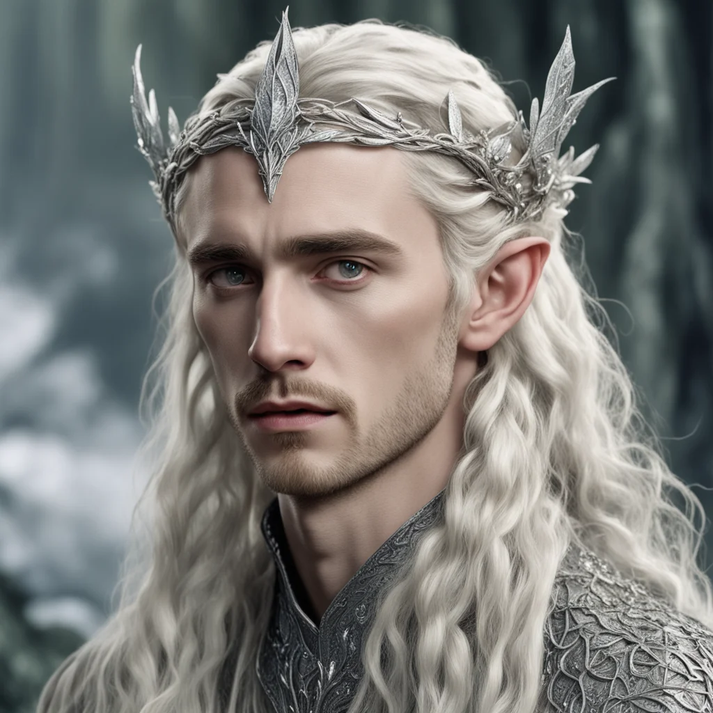 tolkien king thranduil with blond hair and braids wearing small silver leaves encrusted with diamonds intertwined to form a silver serpentine nandorin elvish circlet with large center diamond good l