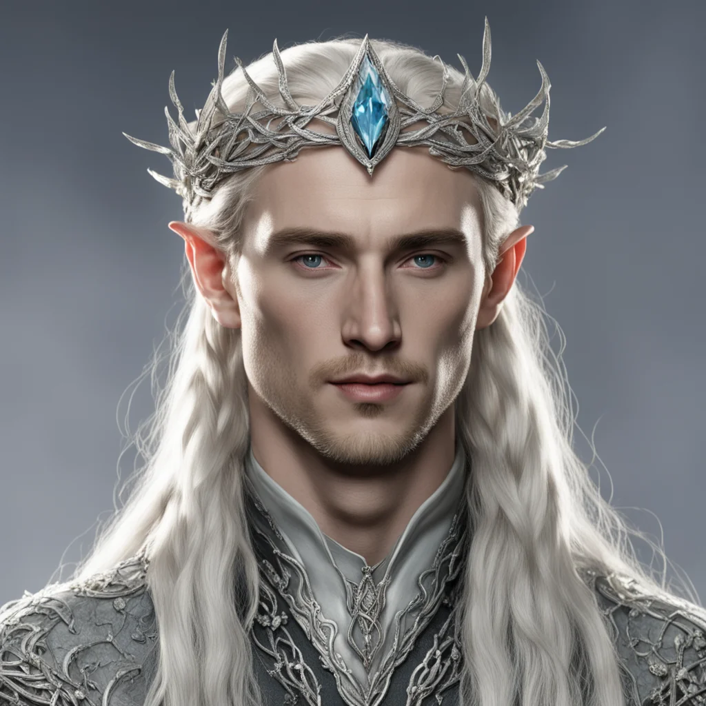 aitolkien king thranduil with blond hair and braids wearing small silver leaves encrusted with diamonds intertwined to form a silver serpentine nandorin elvish circlet with large center diamond
