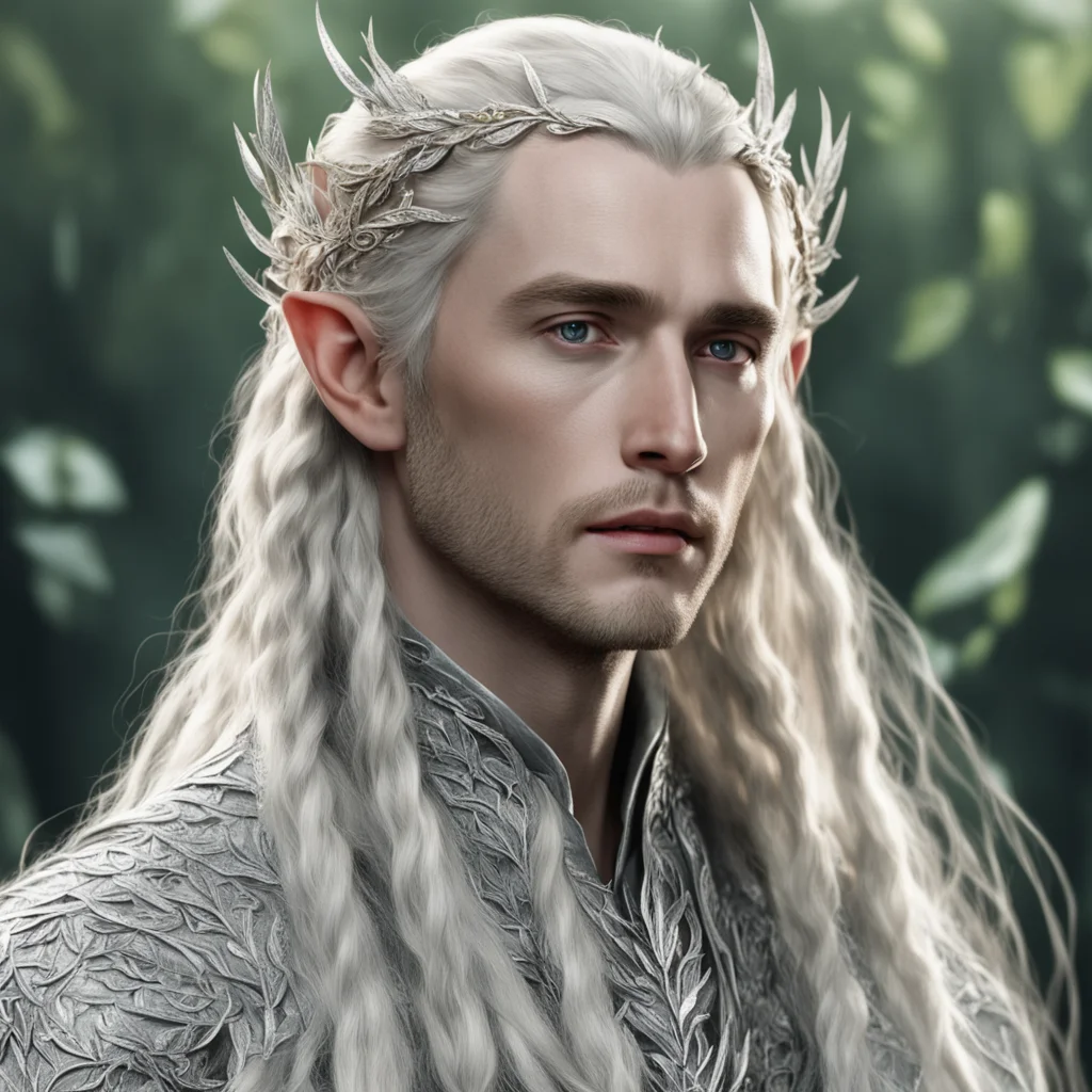 tolkien king thranduil with blond hair and braids wearing small silver leaves encrusted with diamonds intertwined to form a small silver elvish circlet with center diamond confident engaging wow art