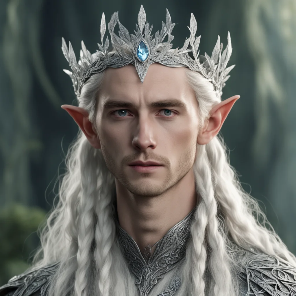 tolkien king thranduil with blond hair and braids wearing small silver leaves encrusted with diamonds intertwined to form a small silver elvish circlet with center diamond good looking trending fant