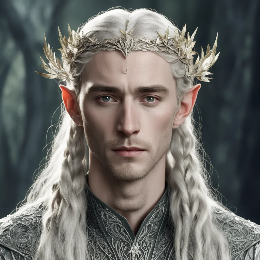 aitolkien king thranduil with blond hair and braids wearing small silver leaves encrusted with diamonds intertwined to form a small silver elvish circlet with center diamond