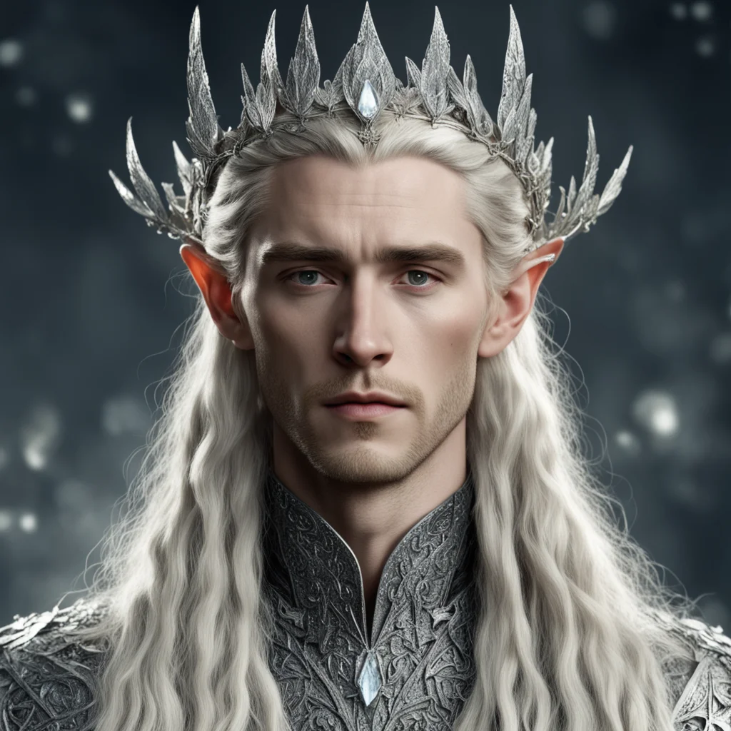 aitolkien king thranduil with blond hair and braids wearing small silver leaves encrusted with diamonds intertwined to form a small silver elvish coronet with center diamond