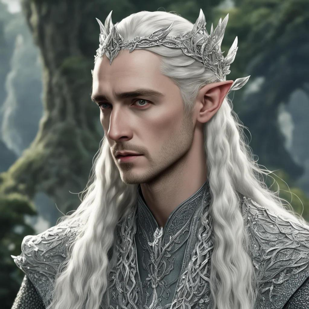 tolkien king thranduil with blond hair and braids wearing small silver leaves encrusted with diamonds to form a silver serpentine sindarin elvish circlet with large center diamond  good looking tren