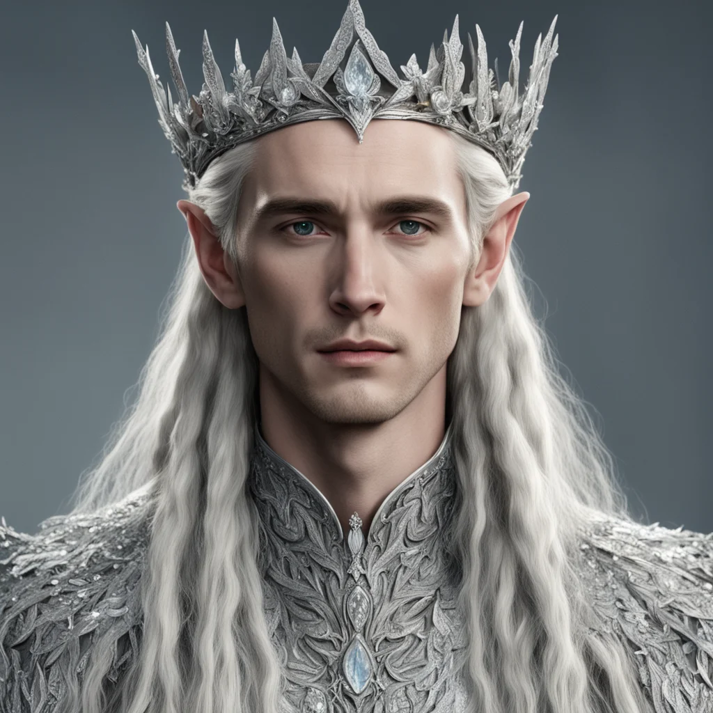 tolkien king thranduil with blond hair and braids wearing small silver leaves encrusted with large diamonds and small silver flowers encrusted with large diamonds to form a silver elvish coronet wit