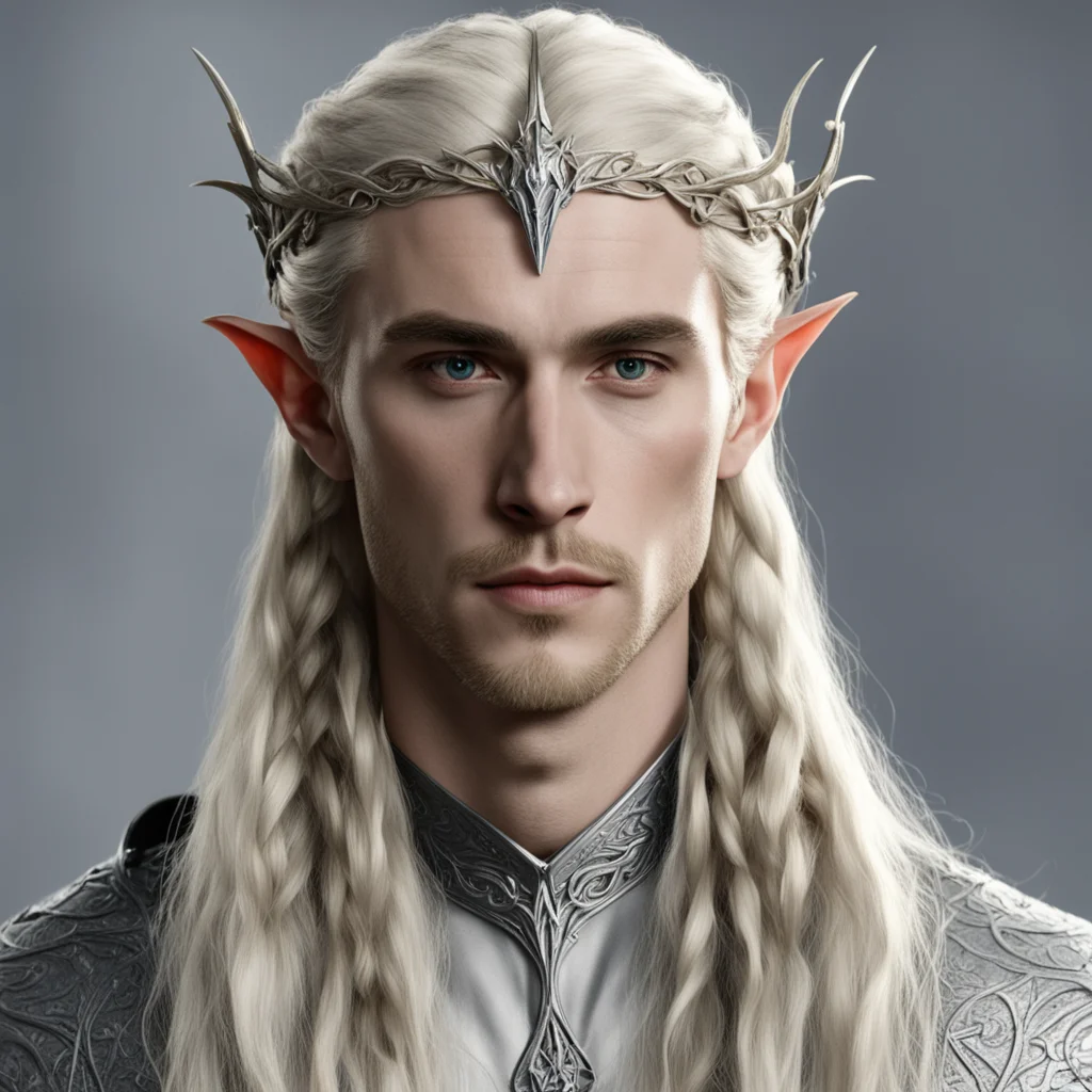 tolkien king thranduil with blond hair and braids wearing small silver nandorin elvish circlet with center diamond  good looking trending fantastic 1